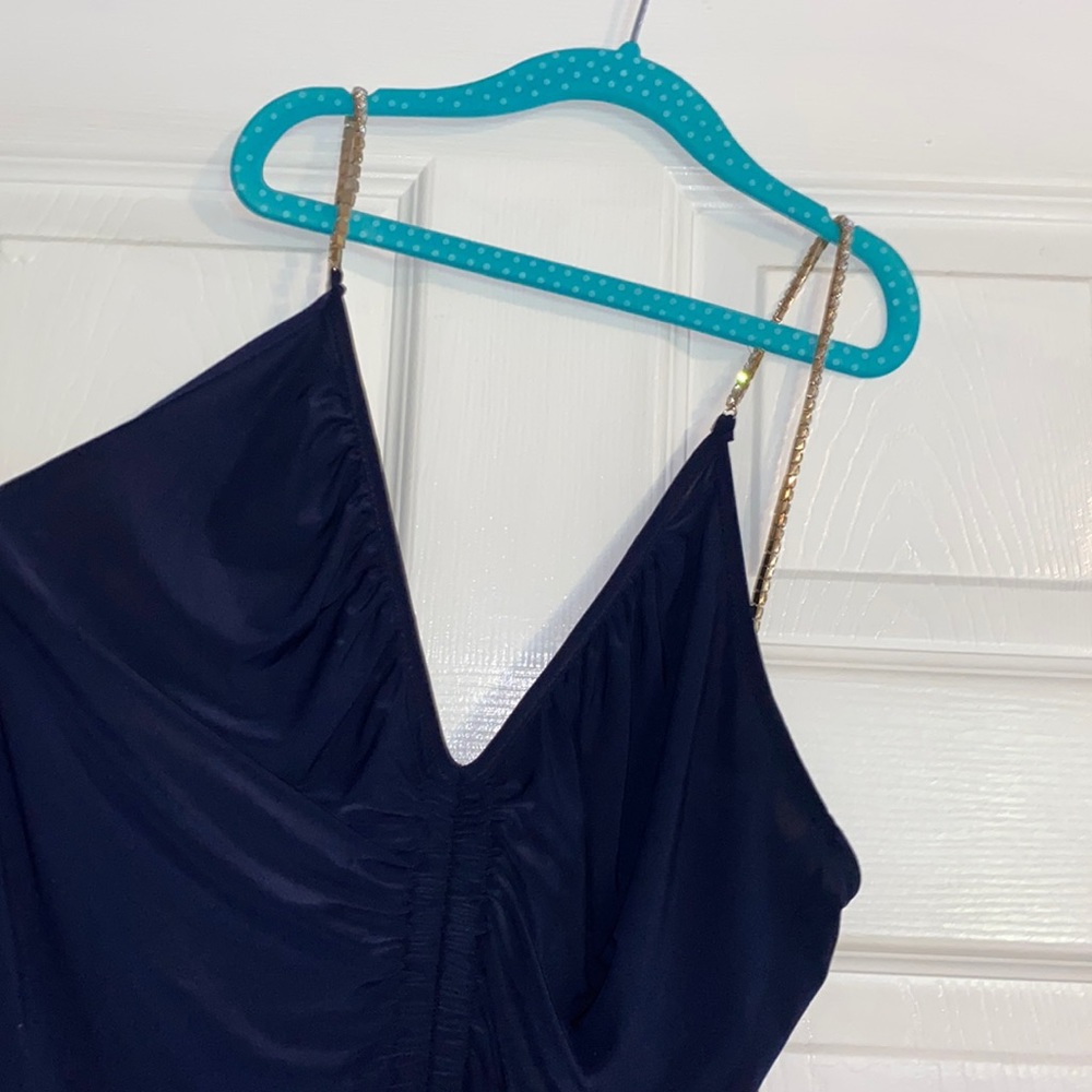 Navy blue ruched down the middle dress with rhinestone straps
